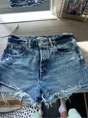 Moussy Distressed High-Rise Denim Shorts in Blue Wash